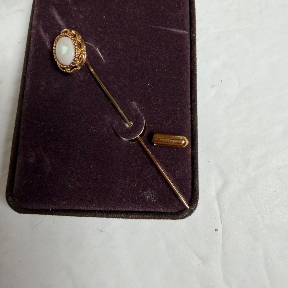 Vintage Genuine Opal Gold Tone Stick Pin Lapel Hat Pin 3" Original Empress Box - Picture 4 of 6